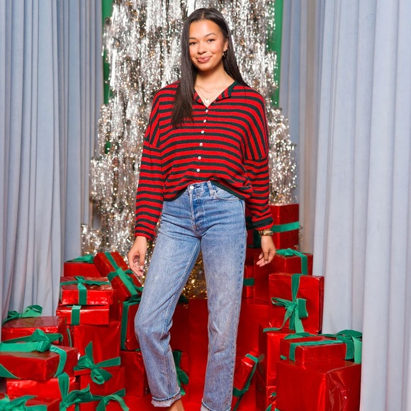 Red and Black Striped Button-Up Sweater - Picture 6 of 6
